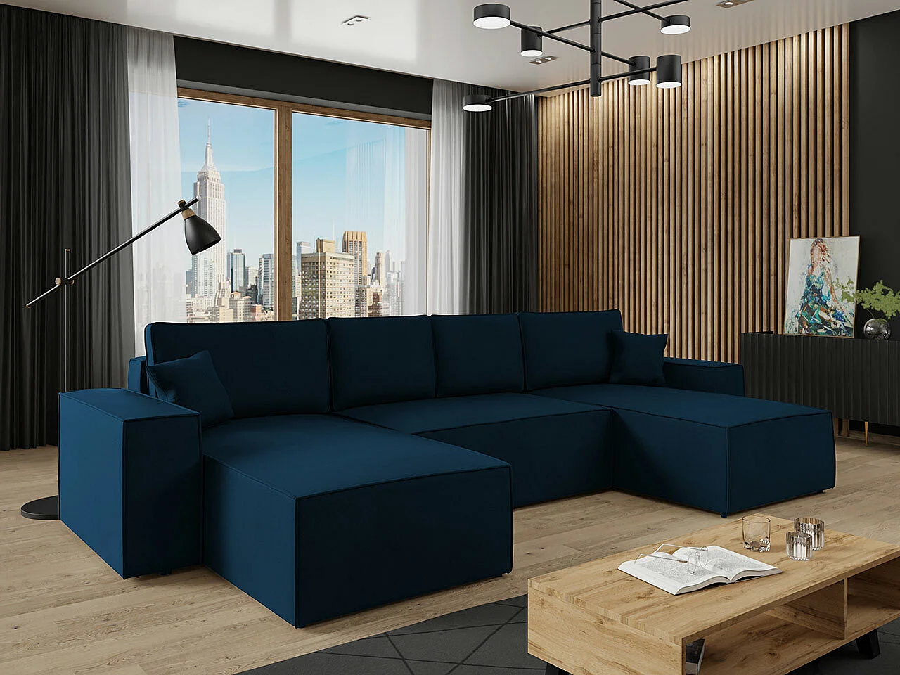 Sofá rinconero Clovis 109, Azul, Función de descanso, Almacenaje, 370x174x94cm