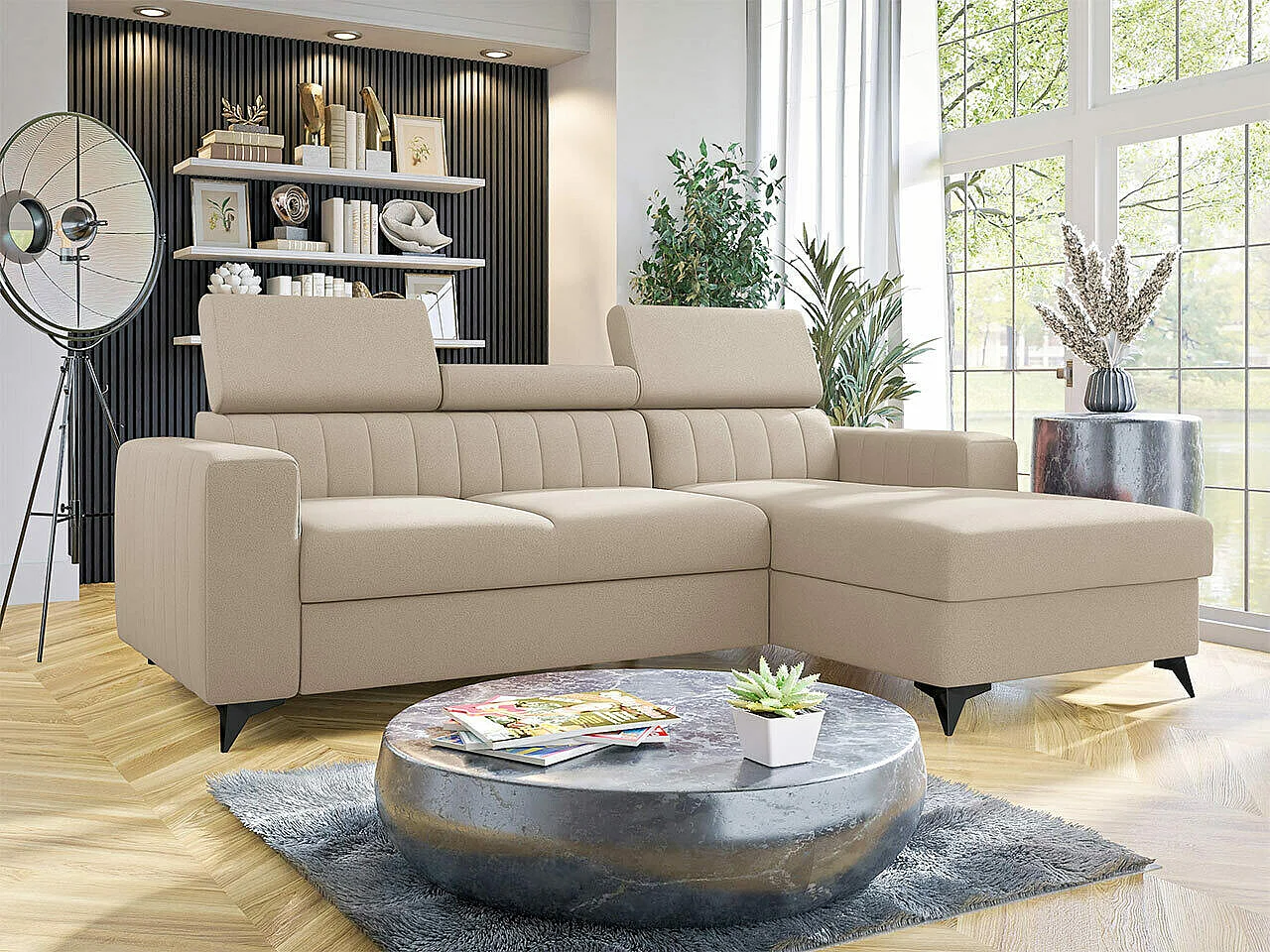 Sofá rinconero Columbus 170, De color marrón claro, Función de descanso, Almacenaje, 82cm