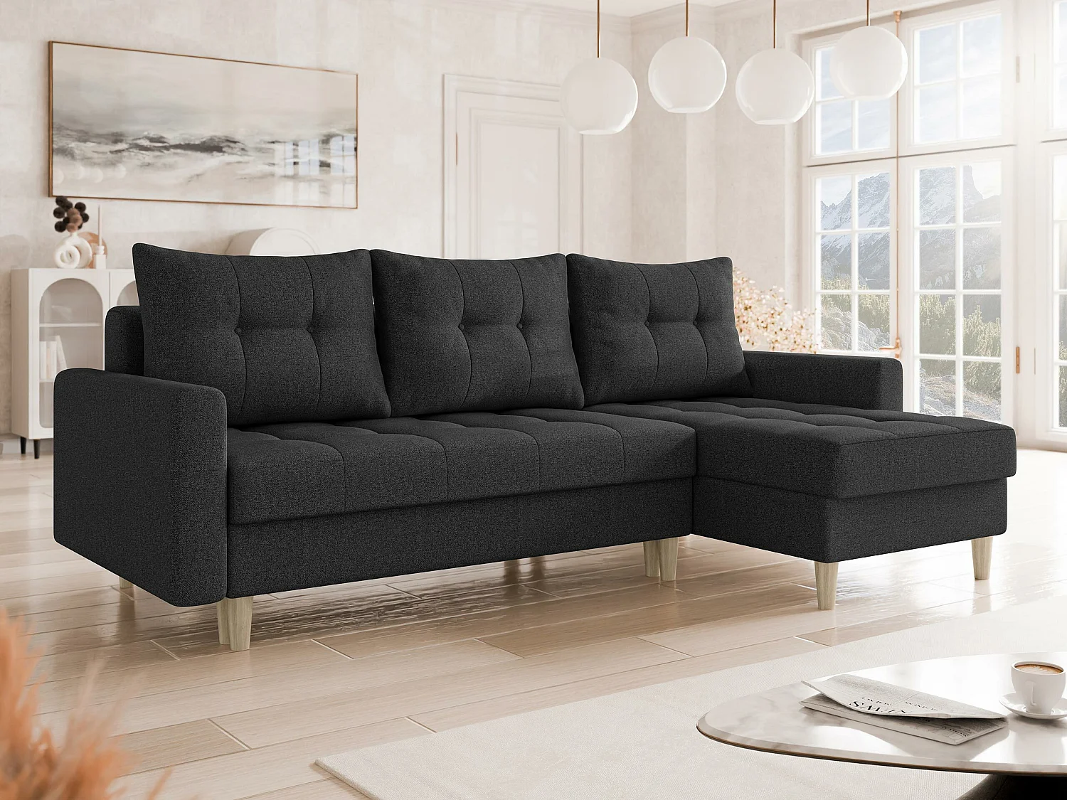 Canapé d'angle Boulder 100, Noir, Fonction de couchage, Boîte de literie, 222x140x90cm