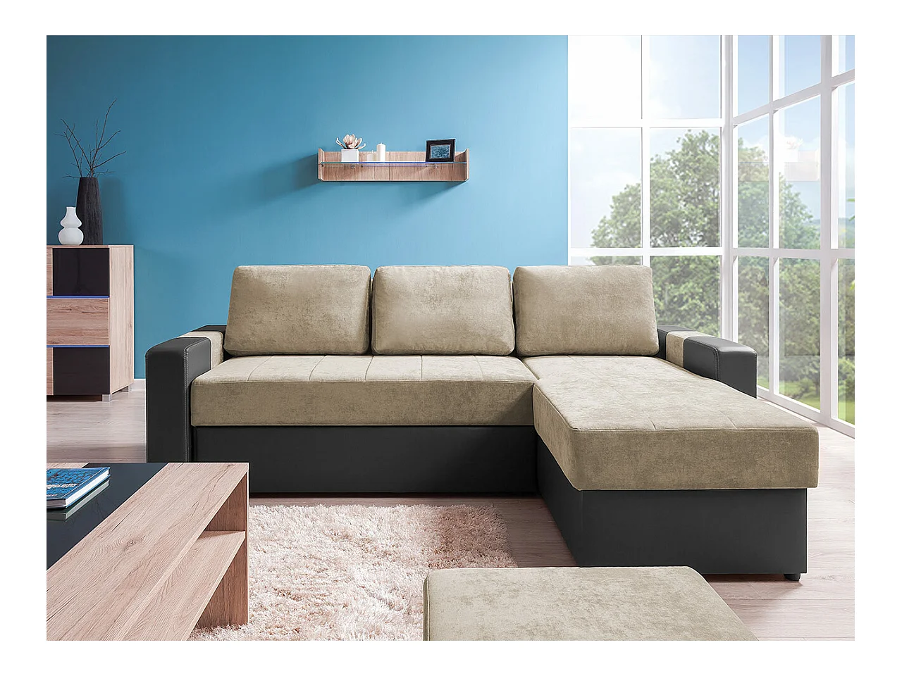 Canapé d'angle Providence 175, Brun clair, Fonction de couchage, Boîte de literie, 234cm
