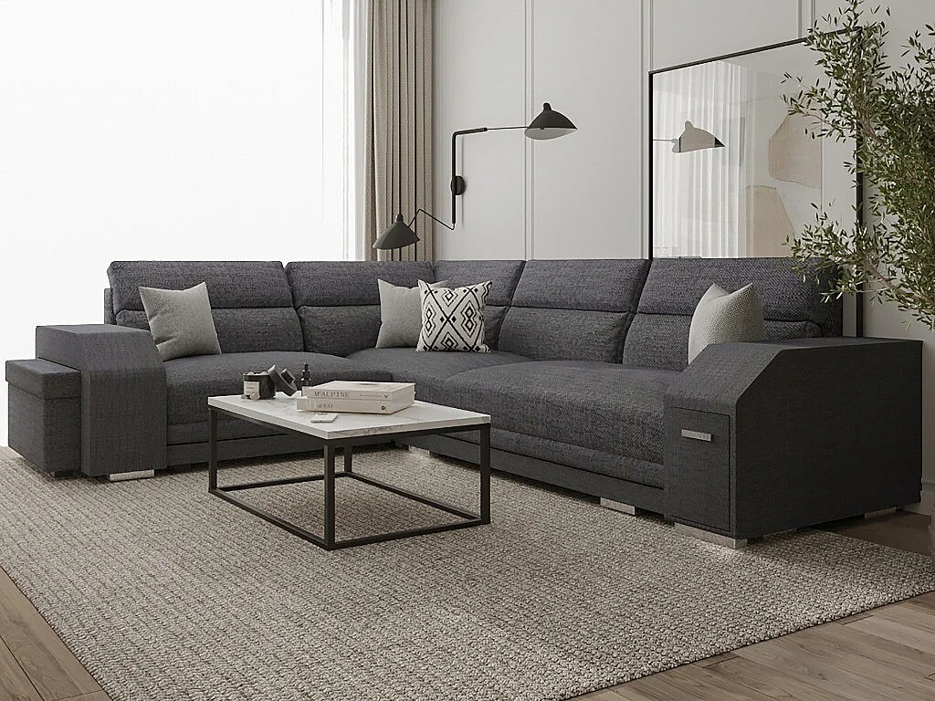 Sofá rinconero Kingsport 101, Gris, Función de descanso, Almacenaje, 305x205x90cm