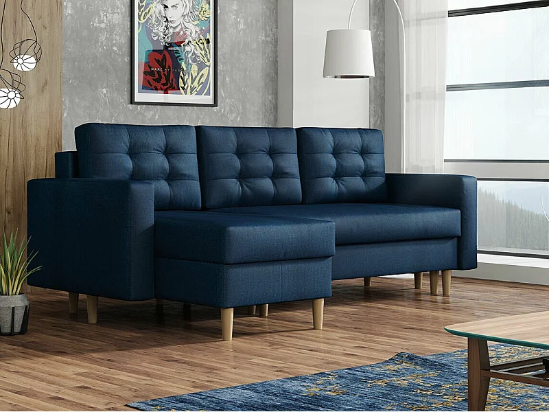 Canapé d'angle Columbus 108, Bleu, Fonction de couchage, Boîte de literie, 220x135x88cm