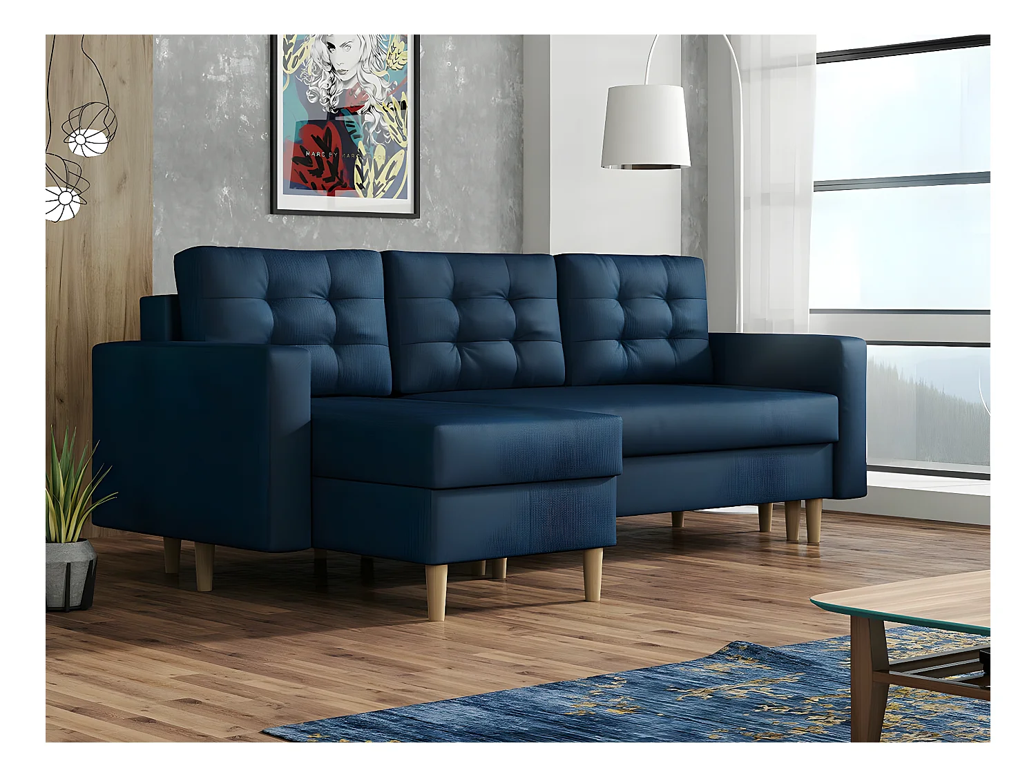 Canapé d'angle Columbus 108, Bleu, Fonction de couchage, Boîte de literie, 220x135x88cm