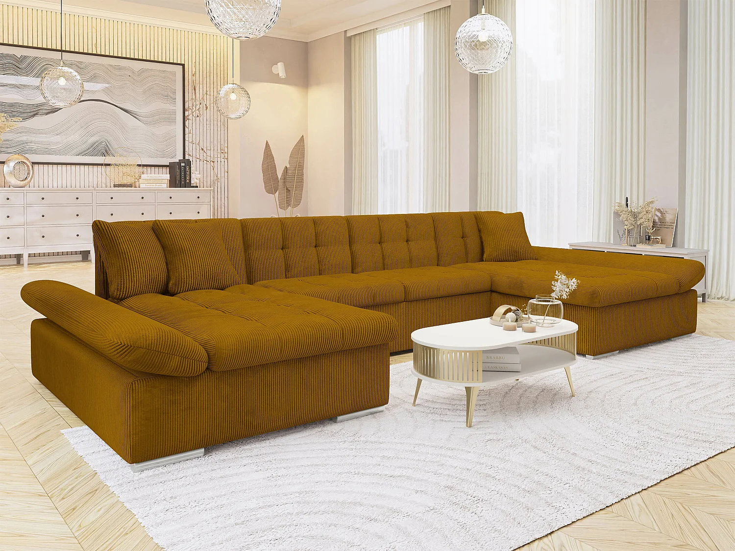 Sofá rinconero Comfivo Ficus, Amarillo, Función de descanso, Almacenaje, 360x160x75cm