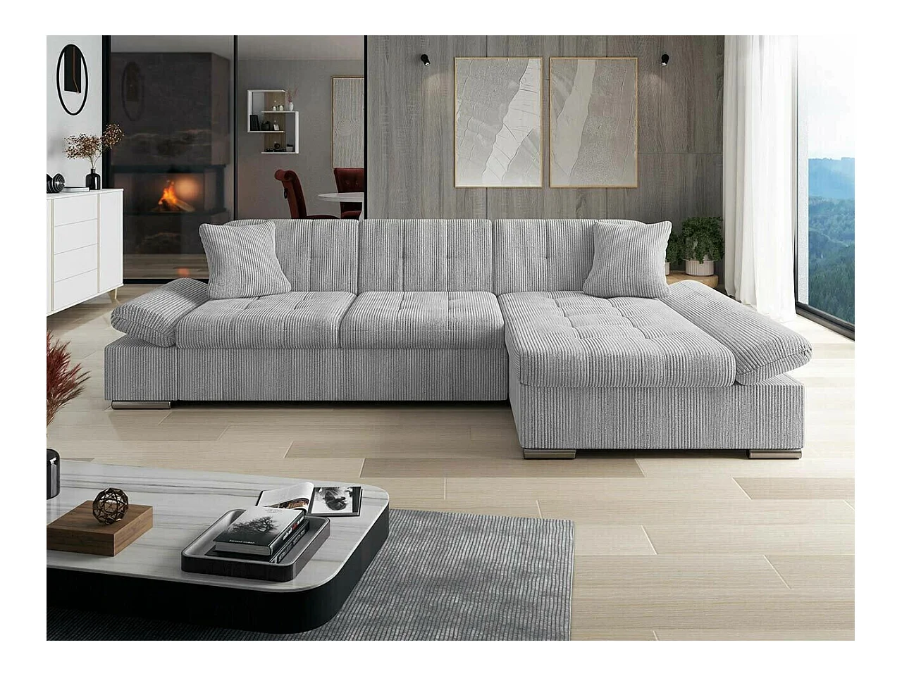 Canapé d'angle Comfivo 152, Gris, Fonction de couchage, Boîte de literie, 278x161x76cm