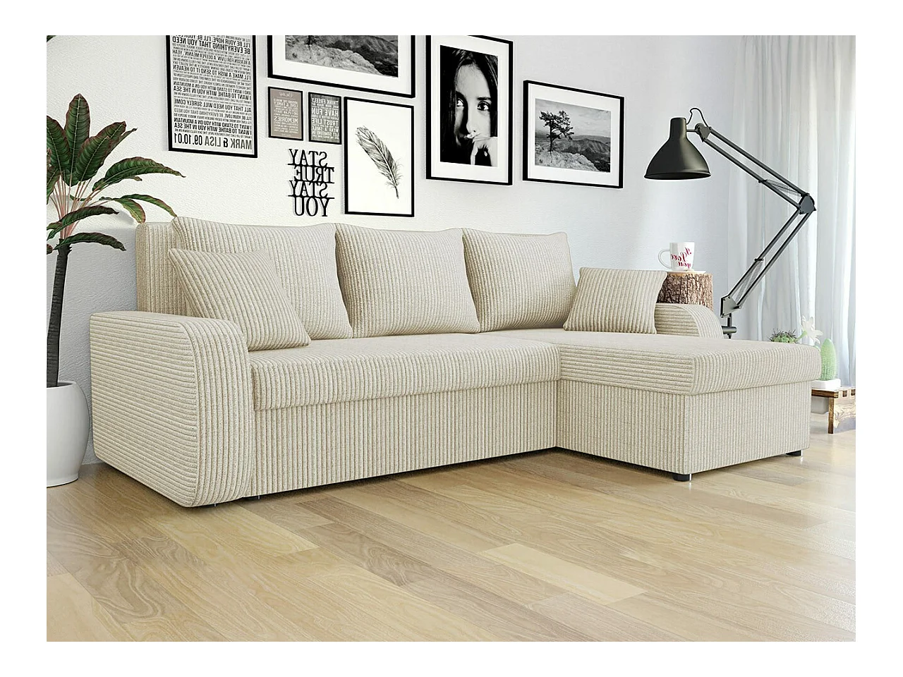 Canapé d'angle Comfivo 203, Brun clair, Fonction de couchage, Boîte de literie, 238x147cm