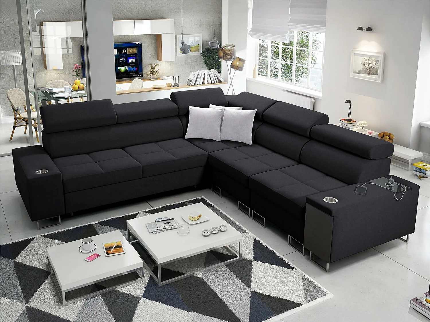 Canapé d'angle Pearland 110, Noir, Fonction de couchage, Boîte de literie, 284x283x84cm