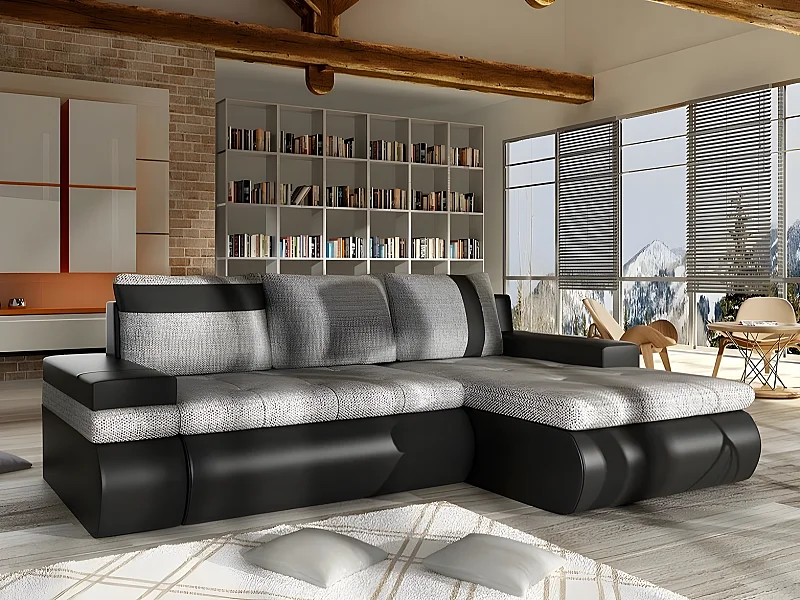 Canapé d'angle Temple 101, Gris, Fonction de couchage, Boîte de literie, 245x182x90cm