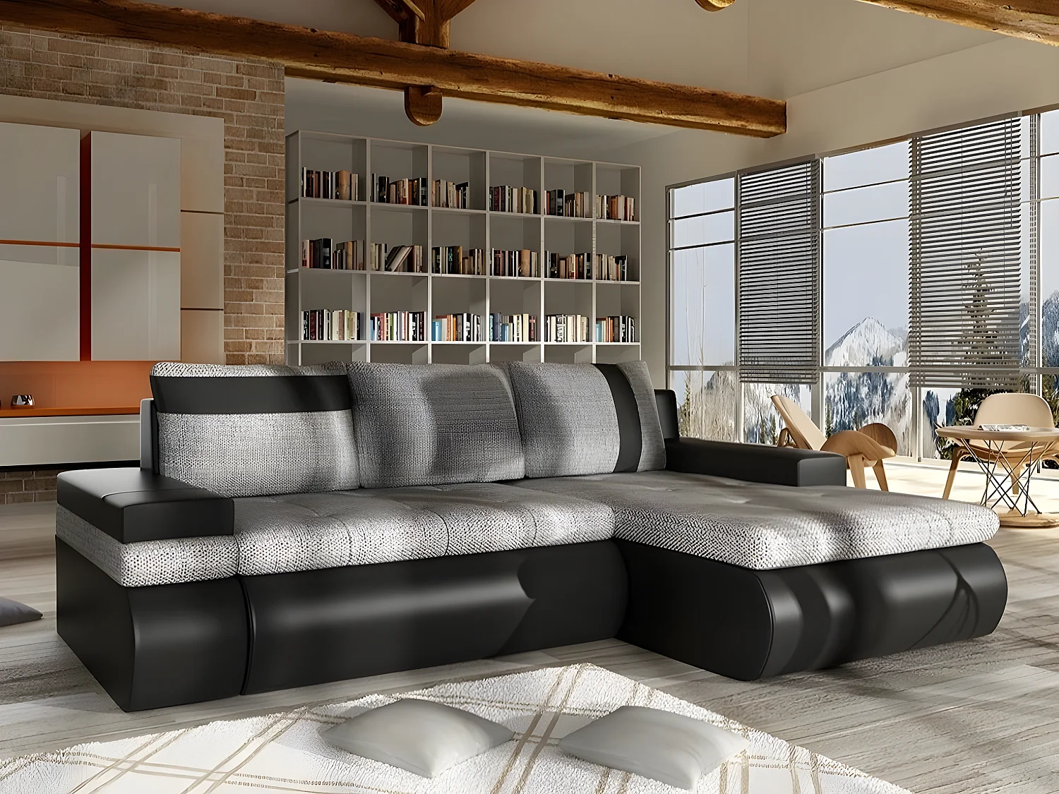 Canapé d'angle Temple 101, Gris, Fonction de couchage, Boîte de literie, 245x182x90cm