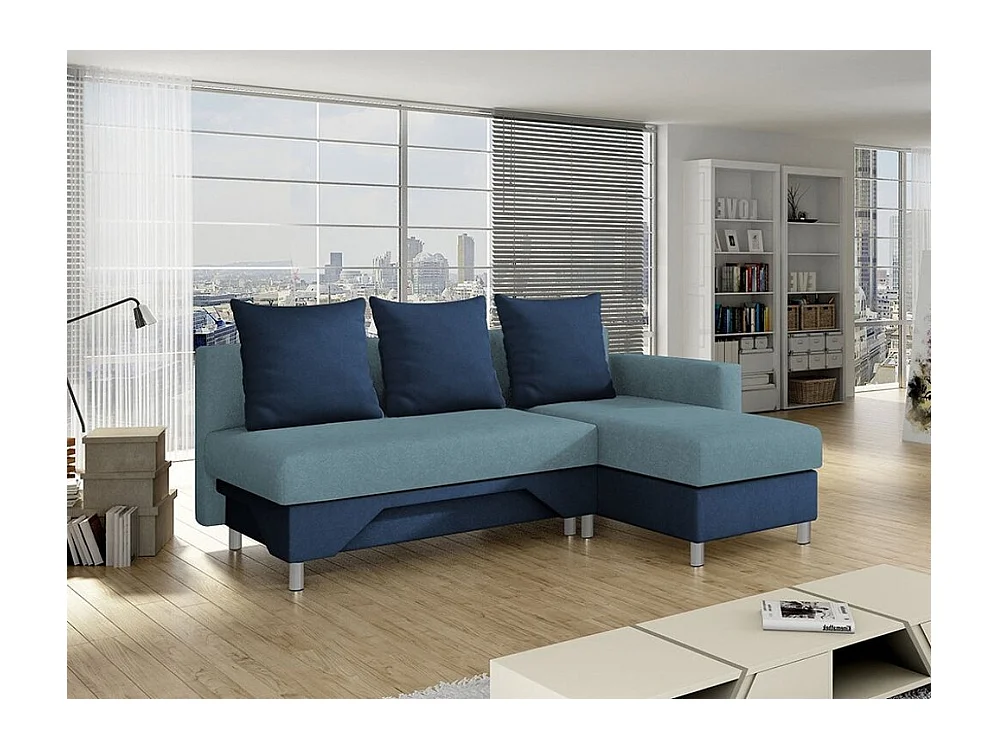 Canapé d'angle Akron 100, Bleu, Fonction de couchage, Boîte de literie, 215x133x95cm