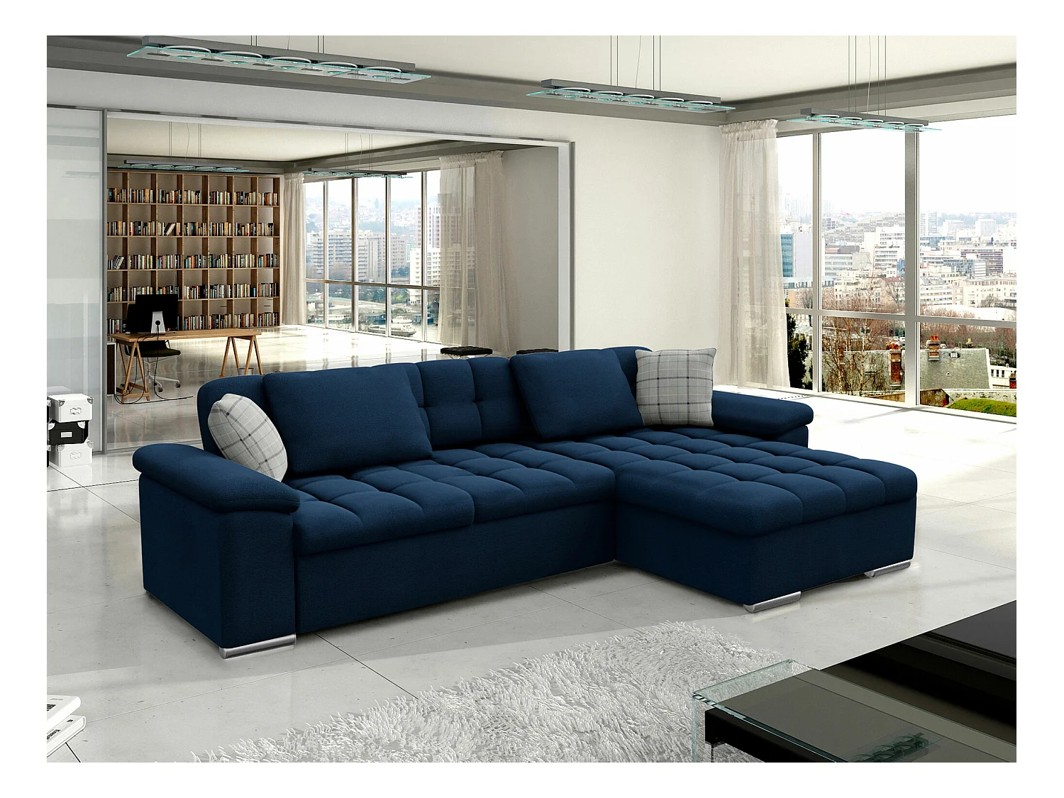 Canapé d'angle Comfivo 107, Bleu, Fonction de couchage, Boîte de literie, 280x160x76cm