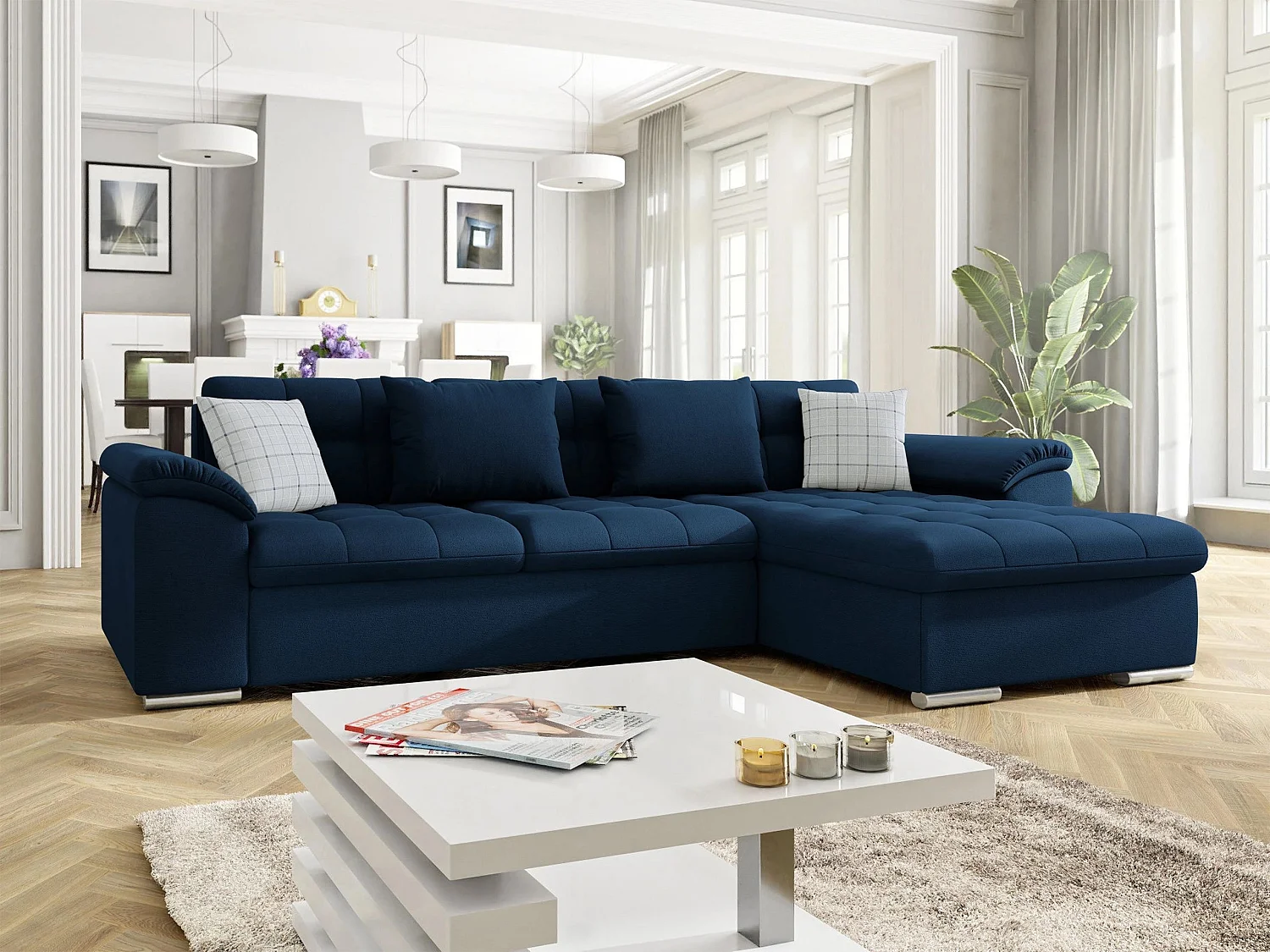 Sofá rinconero Comfivo Mica, Azul, Función de descanso, Almacenaje, 280x160x76cm