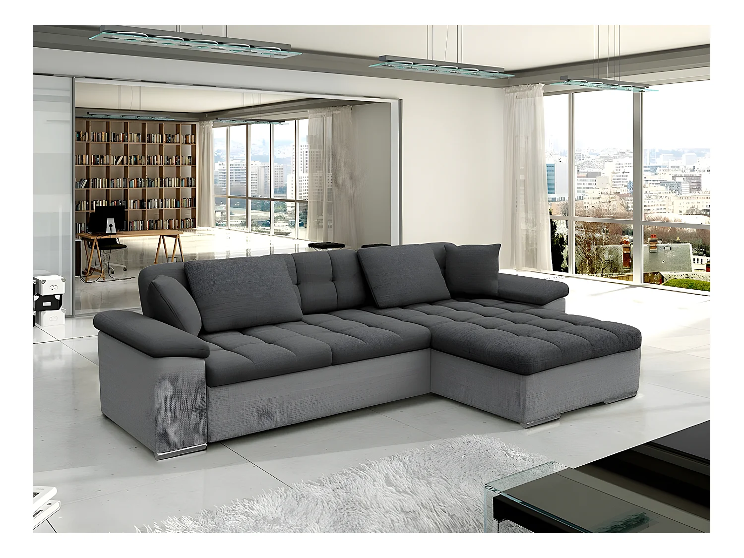 Canapé d'angle Comfivo 129, Gris, Fonction de couchage, Boîte de literie, 277x158x76cm
