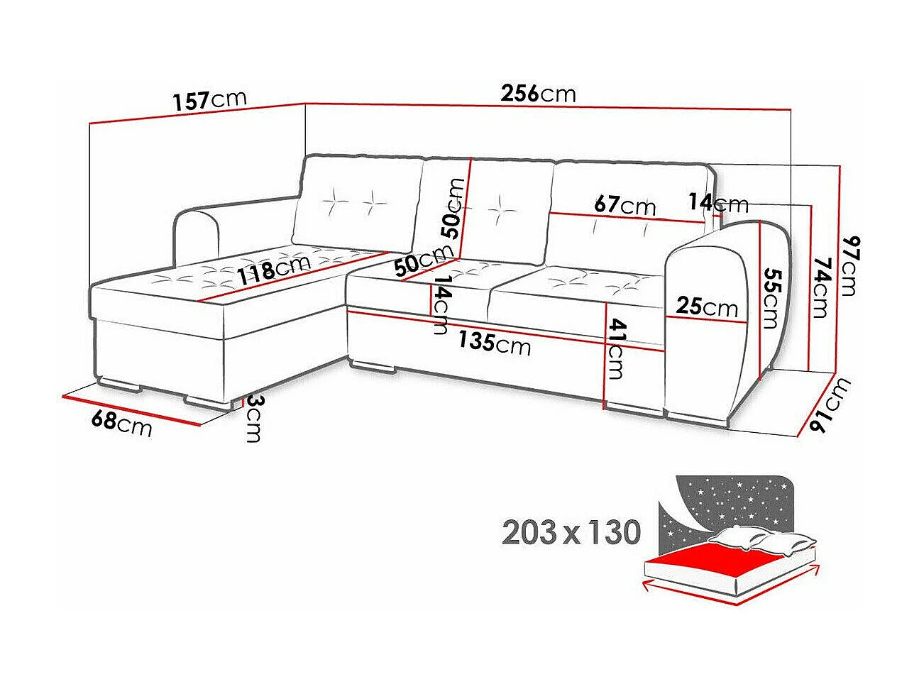 Canapé d'angle Muncie 109, Noir, Fonction de couchage, Boîte de literie, 256x157x97cm