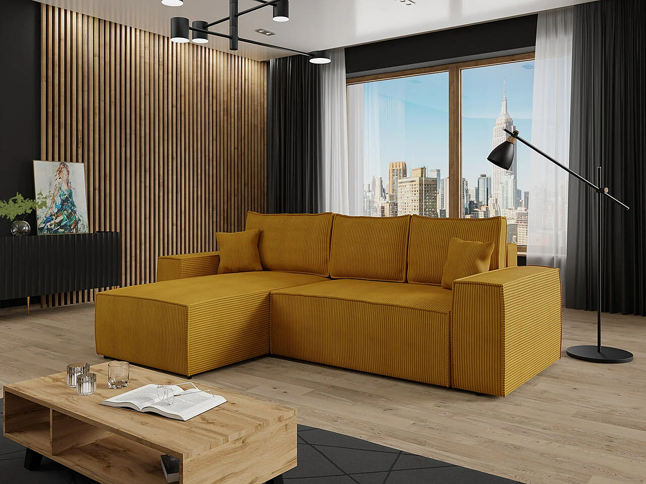 Divano angolare Clovis 108, Giallo, Con, 279x174x94cm