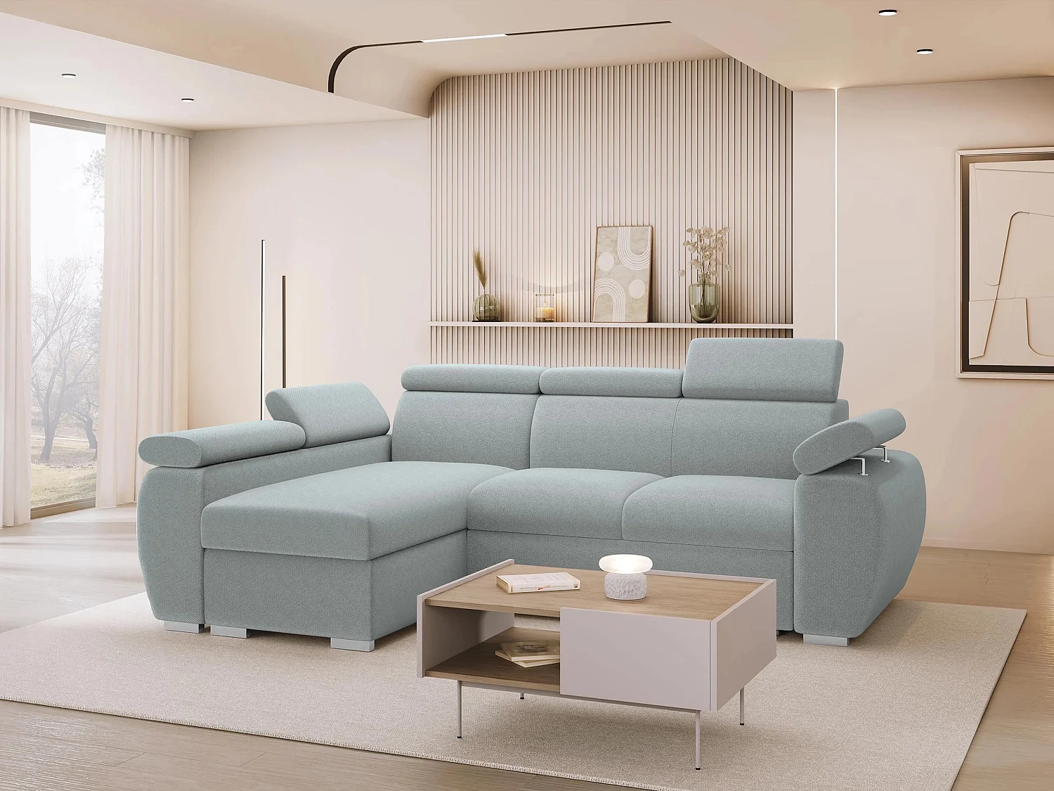 Canapé d'angle Columbus 132, Gris clair, Disponible, 255x170x85cm