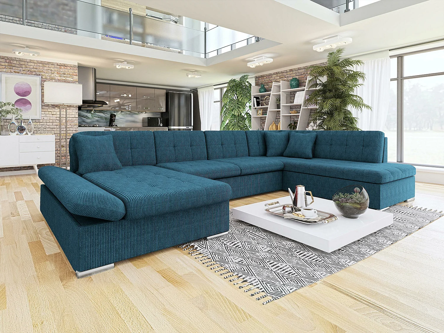 Sofá rinconero Comfivo 150, Azul, Función de descanso, Almacenaje, 345x205x76cm