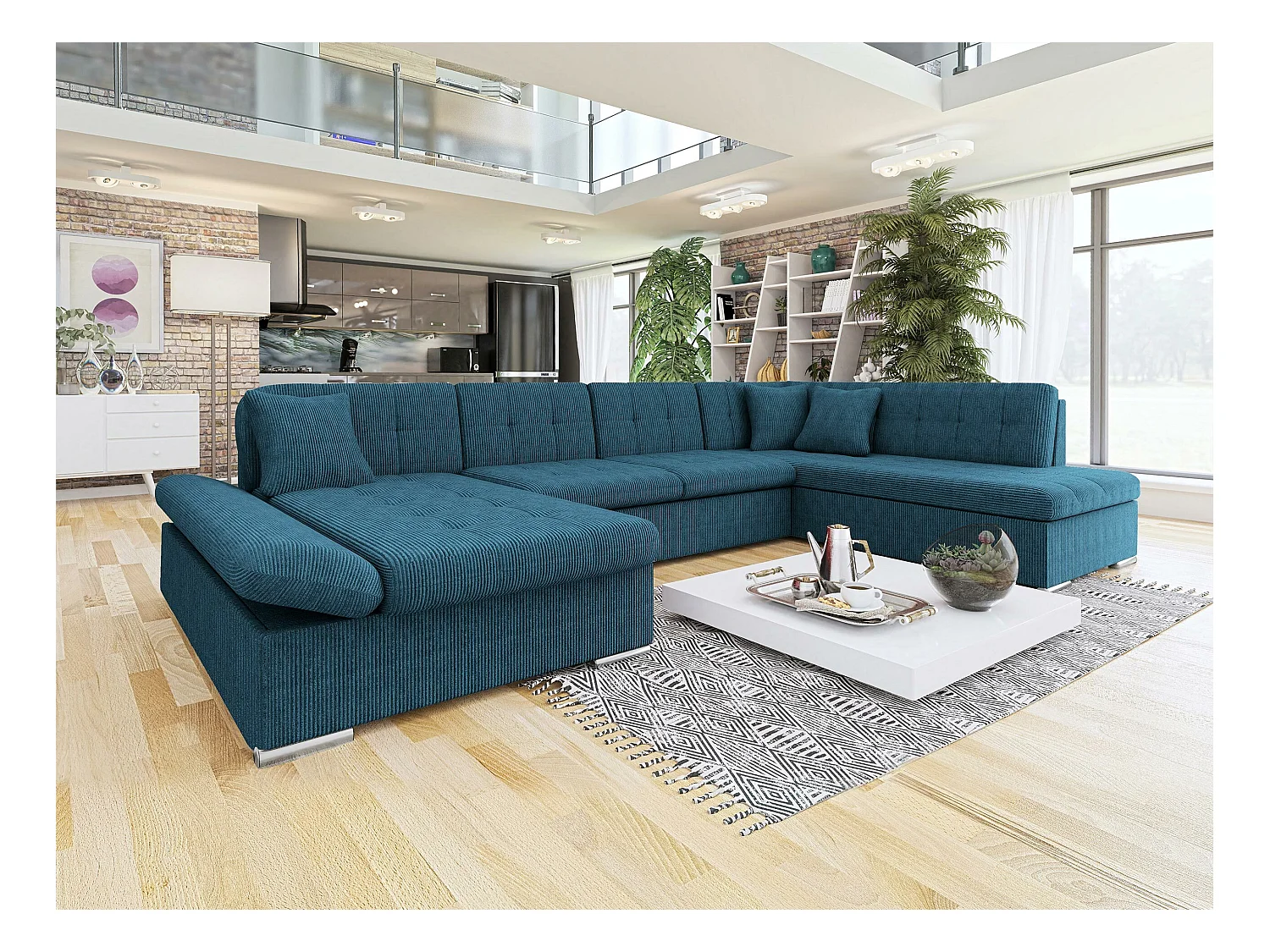 Canapé d'angle Comfivo 150, Bleu, Fonction de couchage, Boîte de literie, 345x205x76cm