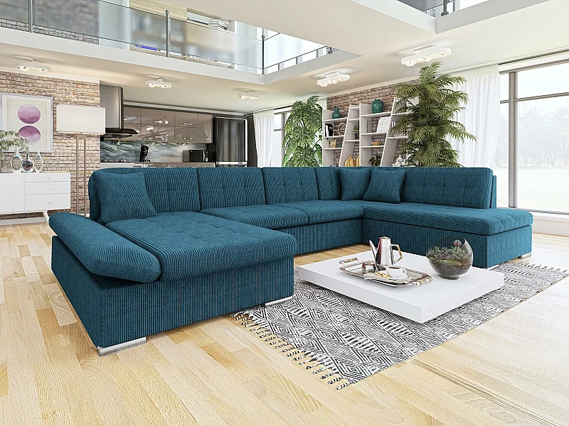 Sofá rinconero Comfivo 150, Azul, Función de descanso, Almacenaje, 345x205x76cm