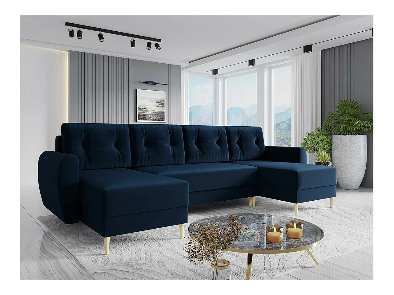 Canapé d'angle Memphis 110, Bleu, Fonction de couchage, Boîte de literie, 307x139x95cm