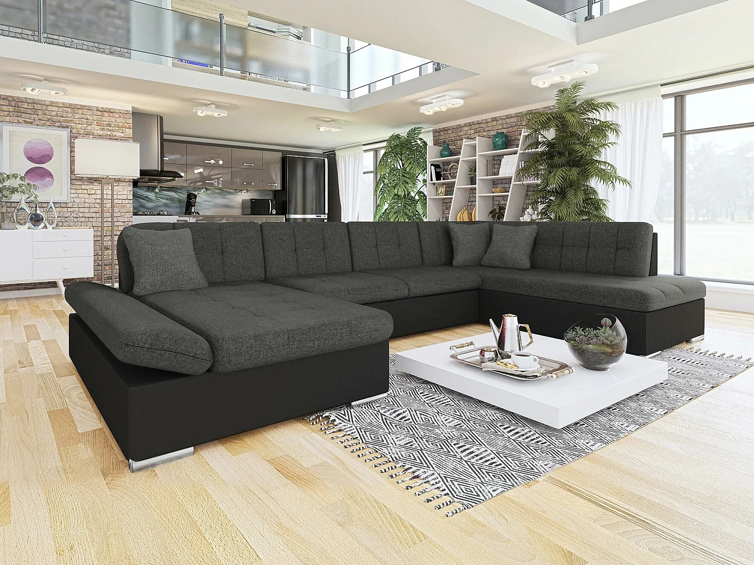 Sofá rinconero Comfivo Tilia, Gris oscuro, Función de descanso, Almacenaje, 345x205x76cm
