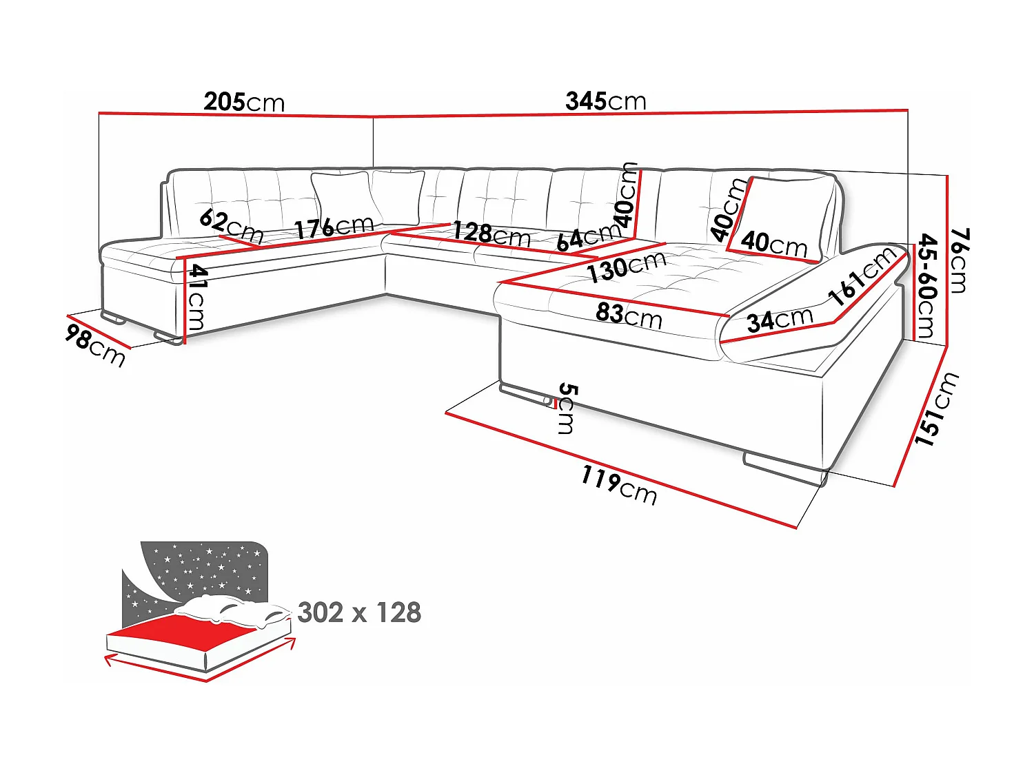 Sofá rinconero Comfivo Tilia, Gris oscuro, Función de descanso, Almacenaje, 345x205x76cm
