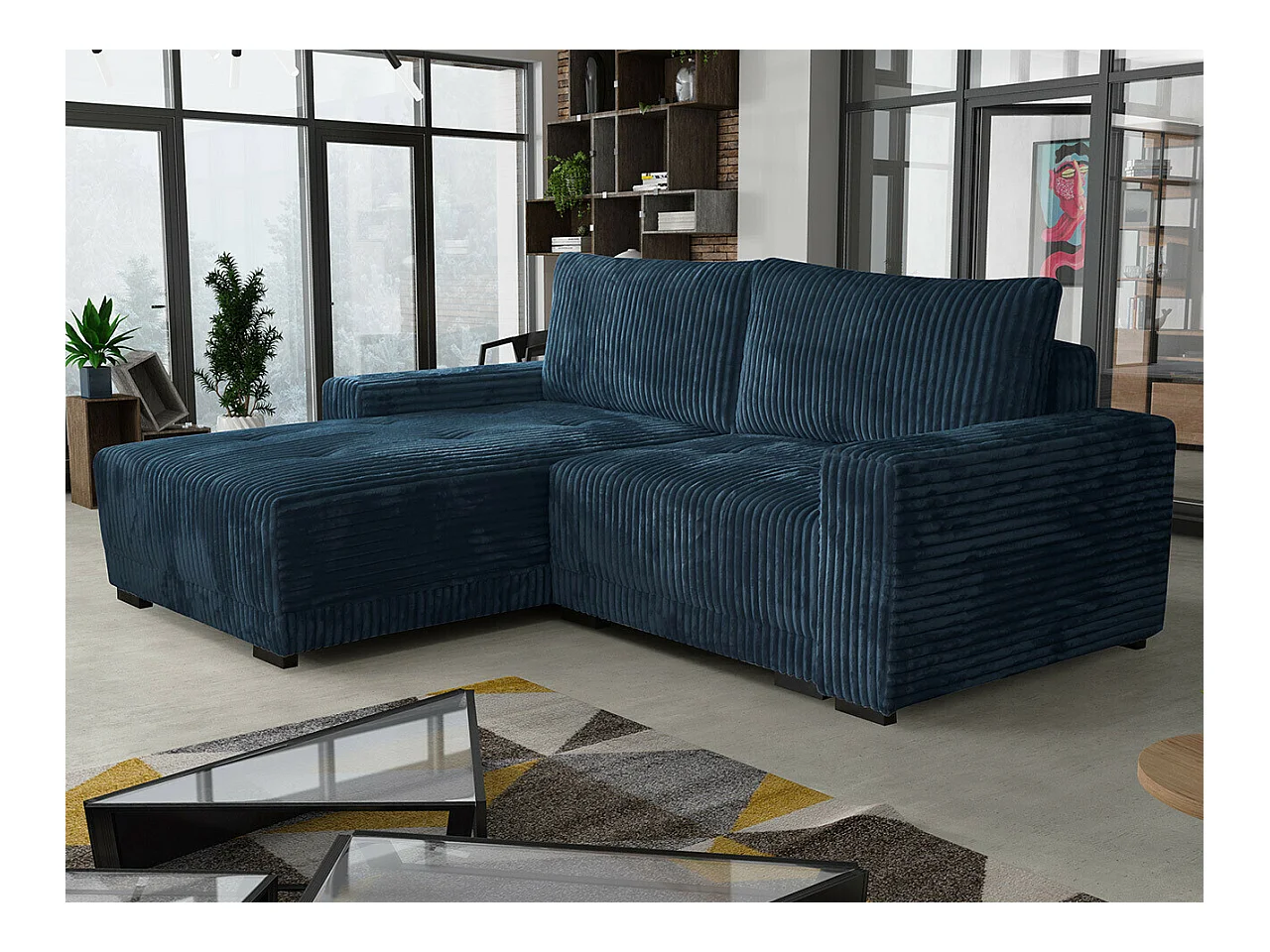 Canapé d'angle Columbus 204, Bleu, Fonction de couchage, Boîte de literie, 237x180x90cm
