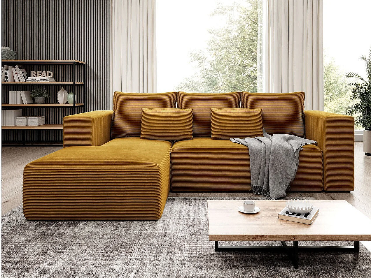 Sofá rinconero Arvada 116, Amarillo, Función de descanso, Almacenaje, 255x161x91cm