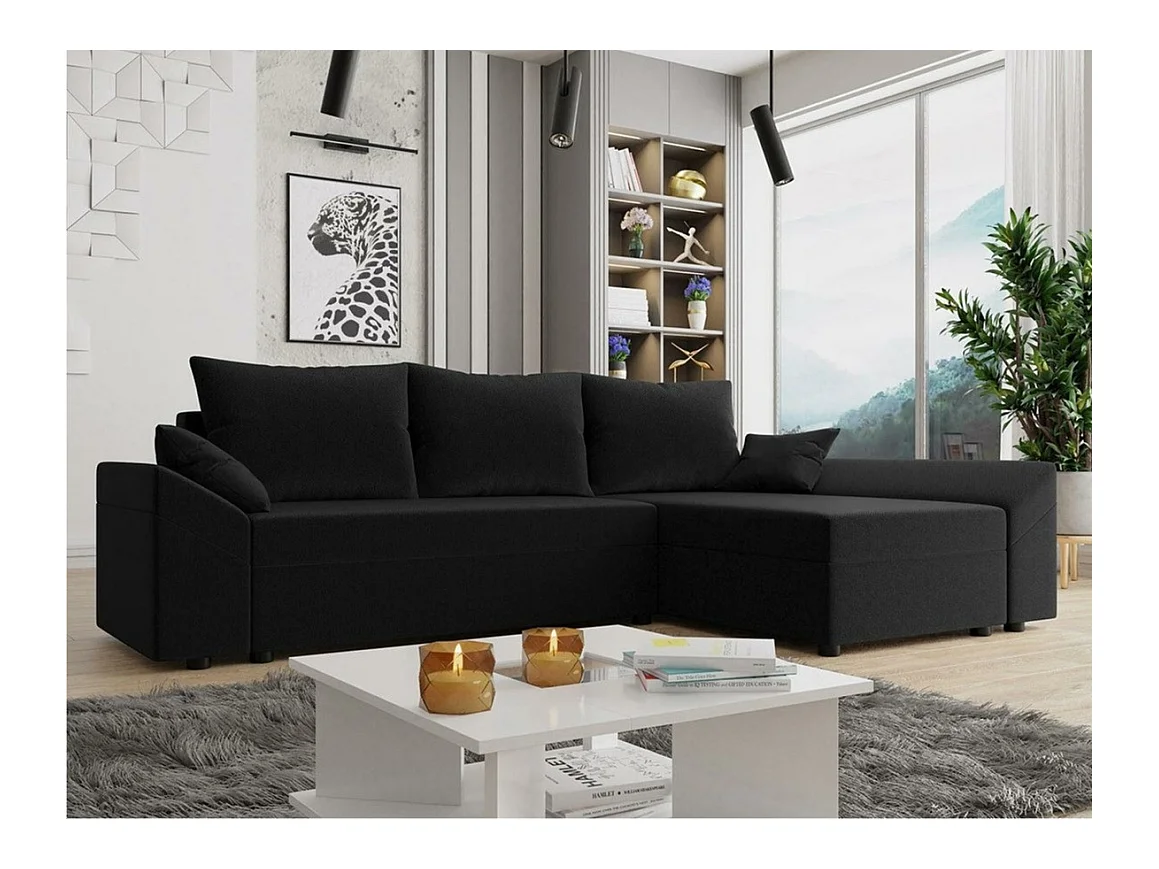 Canapé d'angle Memphis 130, Noir, Fonction de couchage, Boîte de literie, 240x140x82cm