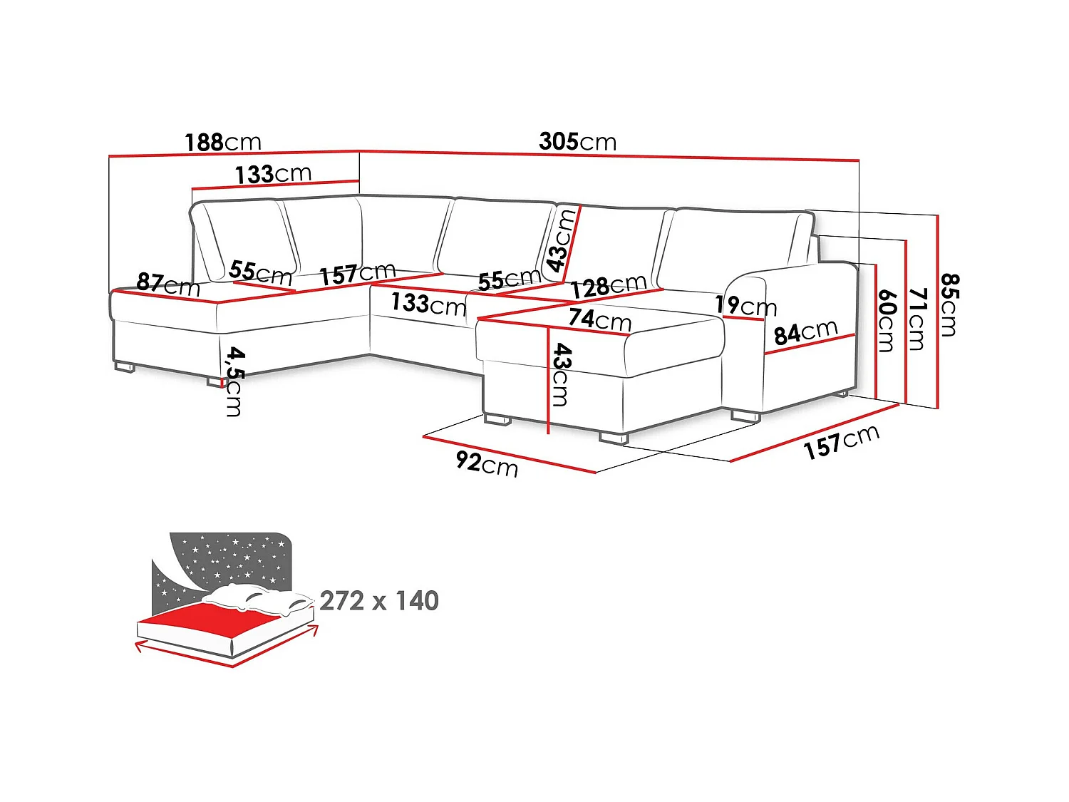 Sofá rinconero Comfivo 189, Rojo, Función de descanso, Almacenaje, 305x188x85cm