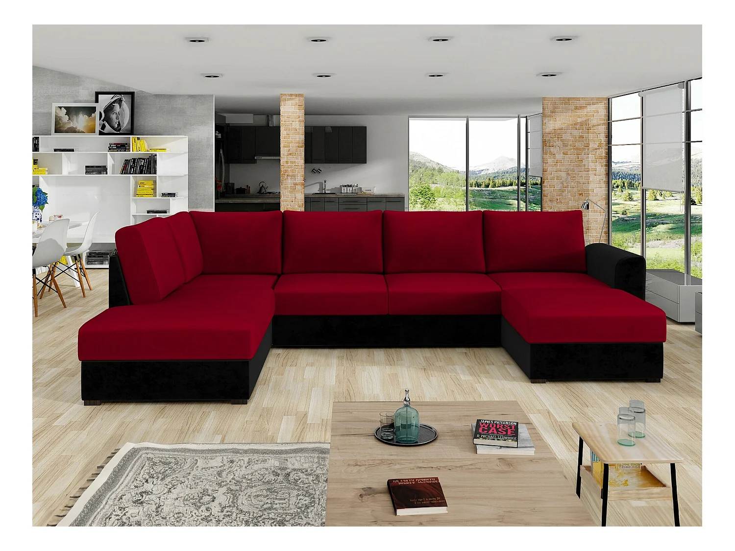Canapé d'angle Comfivo 189, Rouge, Fonction de couchage, Boîte de literie, 305x188x85cm