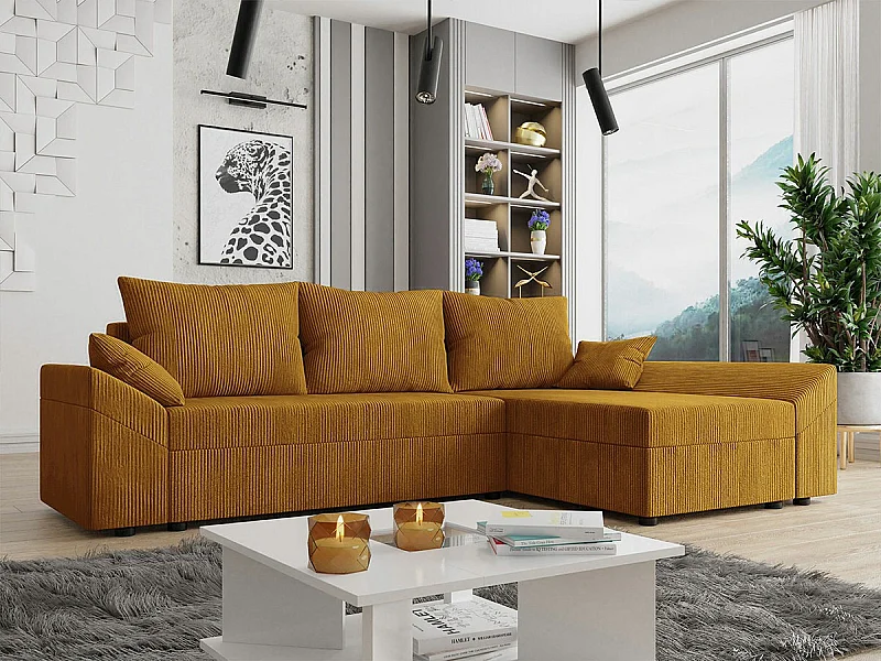 Sofá rinconero Memphis 104, De color marrón claro, Función de descanso, Almacenaje, 240cm