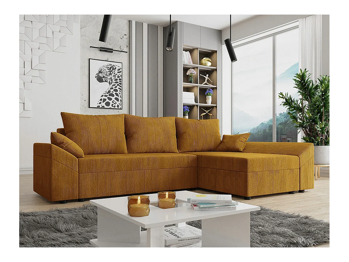 Canapé d'angle Memphis 104, Brun clair, Fonction de couchage, Boîte de literie, 240x140cm