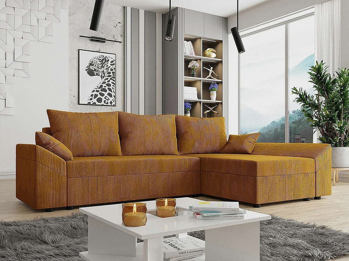 Sofá rinconero Memphis 104, De color marrón claro, Función de descanso, Almacenaje, 240cm