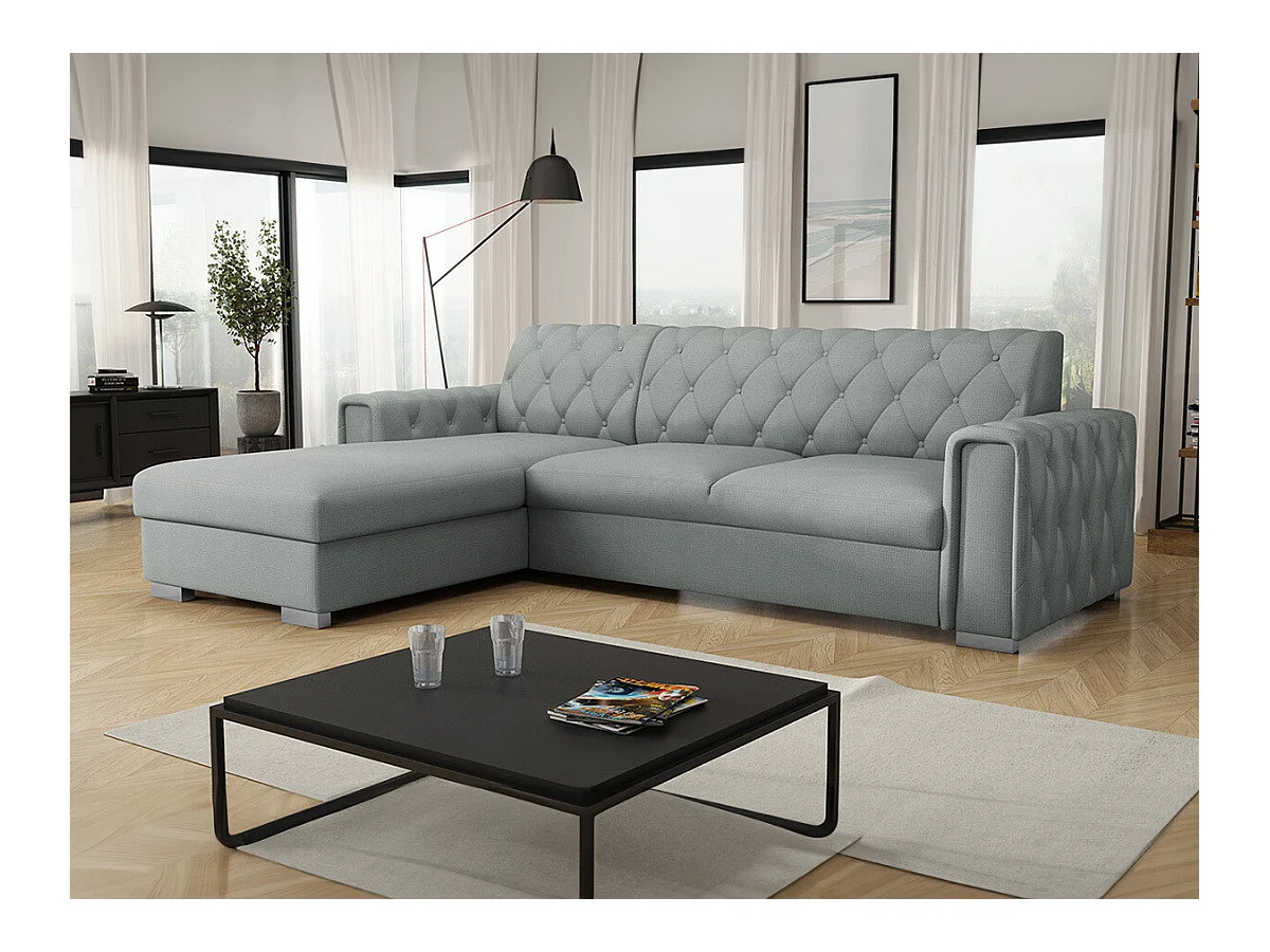 Canapé d'angle Columbus 203, Gris, Fonction de couchage, Boîte de literie, 267x185x85cm
