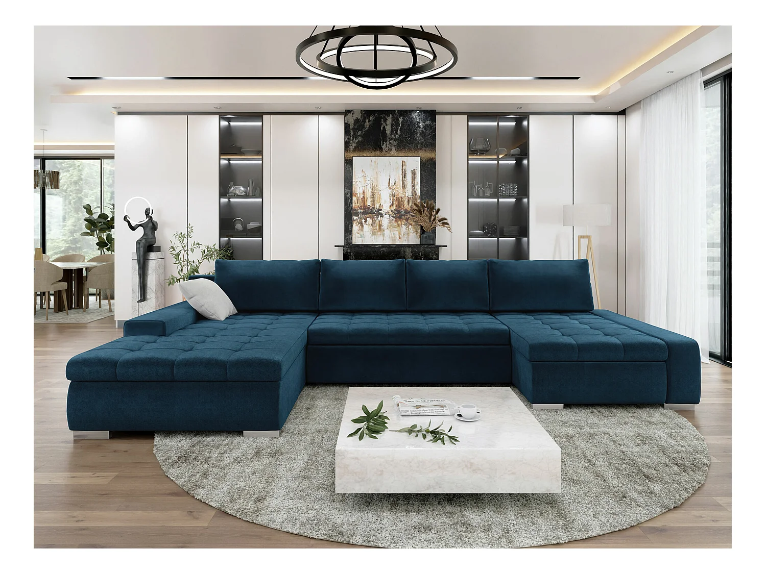 Canapé d'angle Comfivo 106, Bleu, Fonction de couchage, Boîte de literie, 394x213x80cm