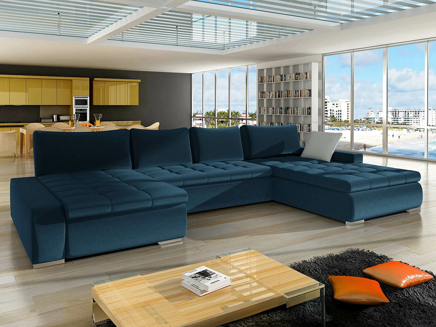 Sofá rinconero Comfivo 106, Azul, Función de descanso, Almacenaje, 394x213x80cm