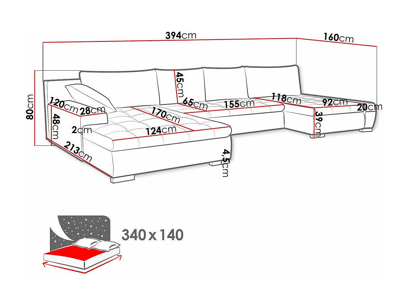 Sofá rinconero Comfivo 106, Azul, Función de descanso, Almacenaje, 394x213x80cm