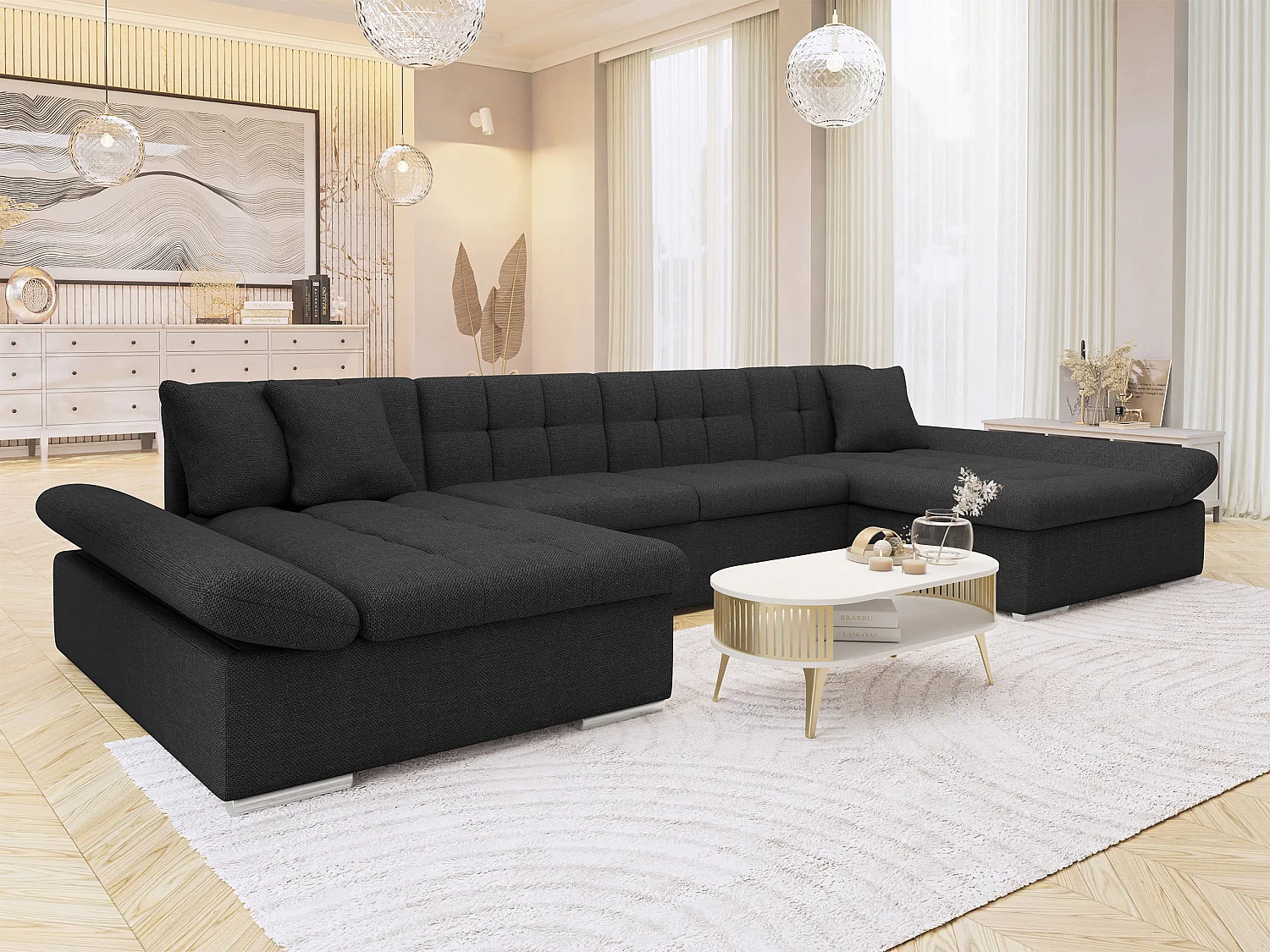Sofá rinconero Comfivo Ficus, Negro, Función de descanso, Almacenaje, 360x160x75cm
