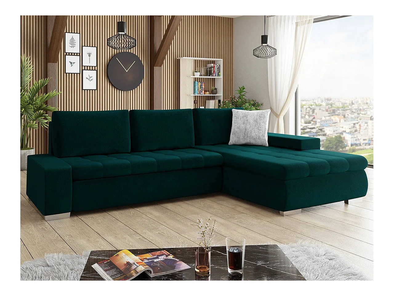 Canapé d'angle Comfivo 147, Vert, Fonction de couchage, Boîte de literie, 302x213x80cm