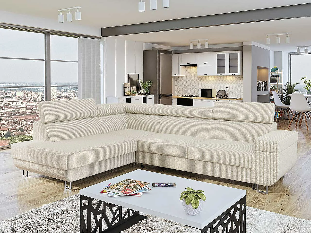 Canapé d'angle Comfivo 306, Brun clair, Disponible, 253x188x71cm