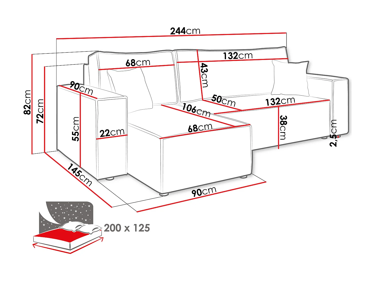 Canapé d'angle Shelton 100, Brun clair, Fonction de couchage, Boîte de literie, 244x145cm