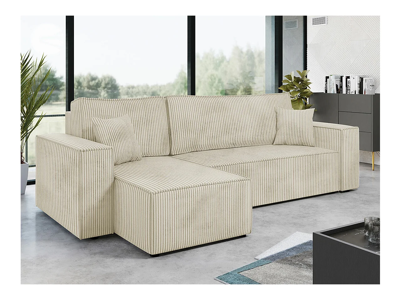 Canapé d'angle Shelton 100, Brun clair, Fonction de couchage, Boîte de literie, 244x145cm