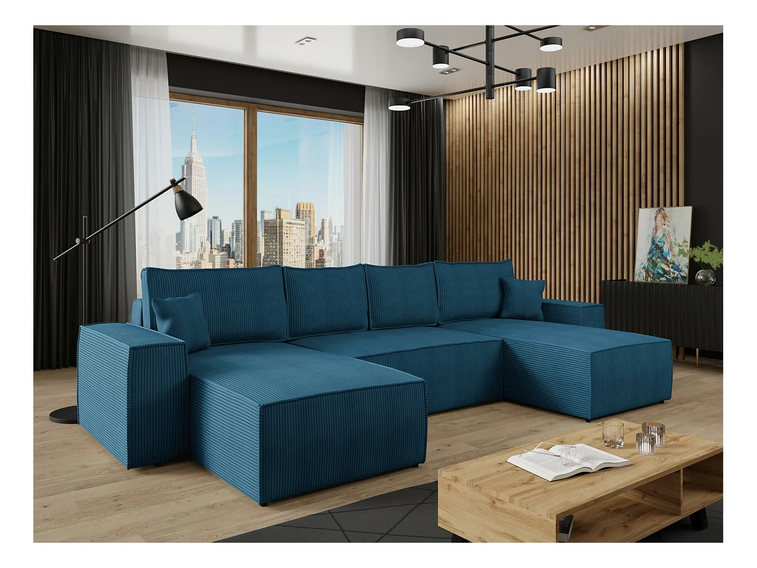 Canapé d'angle Clovis 109, Bleu, Fonction de couchage, Boîte de literie, 370x174x94cm