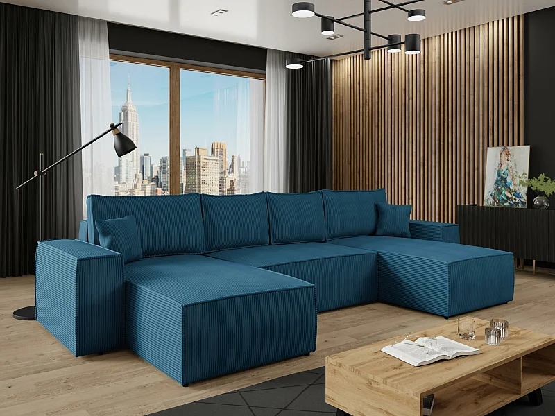 Sofá rinconero Clovis 109, Azul, Función de descanso, Almacenaje, 370x174x94cm