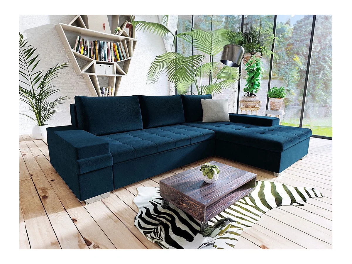 Canapé d'angle Comfivo 121, Bleu, Fonction de couchage, Boîte de literie, 274x182x83cm
