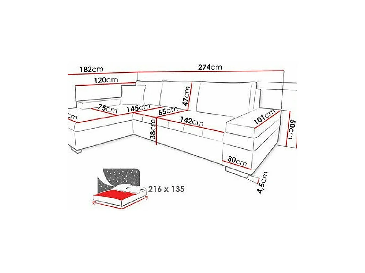 Sofá rinconero Comfivo 121, Azul, Función de descanso, Almacenaje, 274x182x83cm