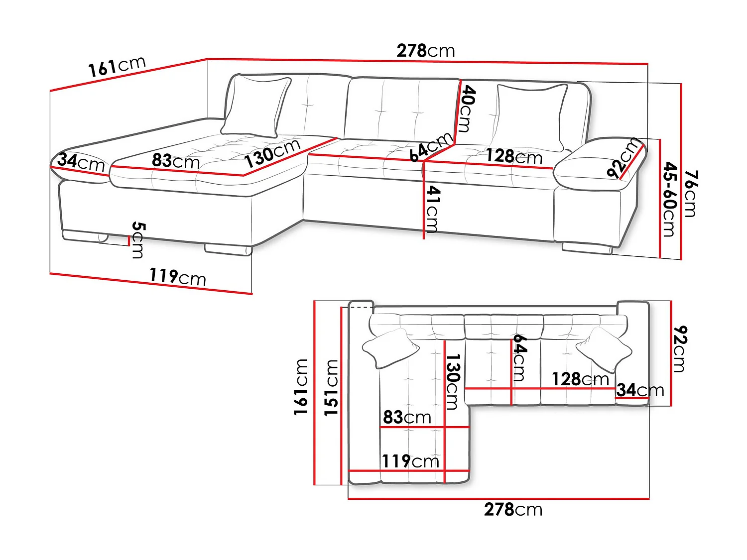 Sofá rinconero Comfivo 219, Gris, 278x161x76cm