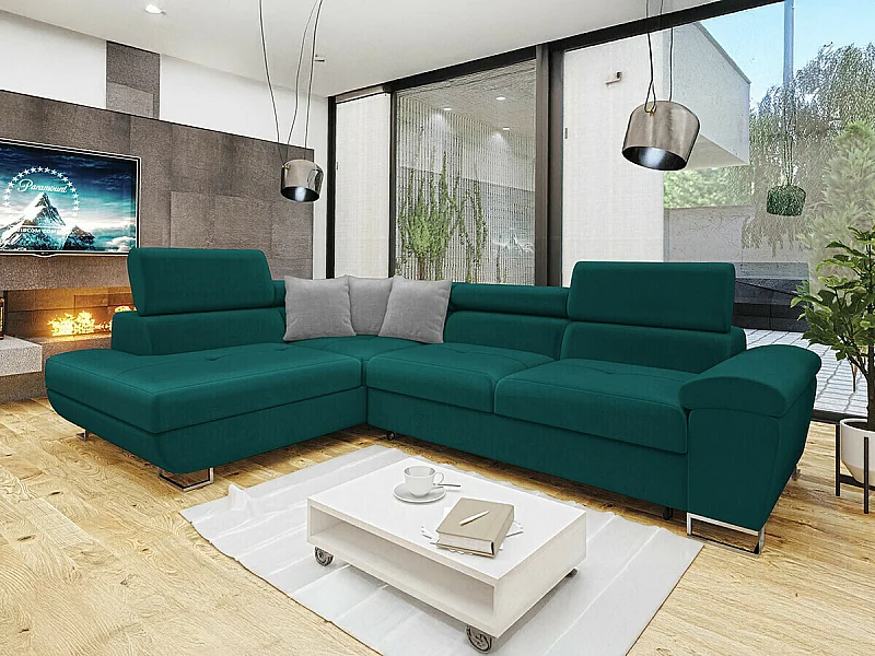 Canapé d'angle Comfivo 166, Turquoise, Fonction de couchage, Boîte de literie, 270x202cm