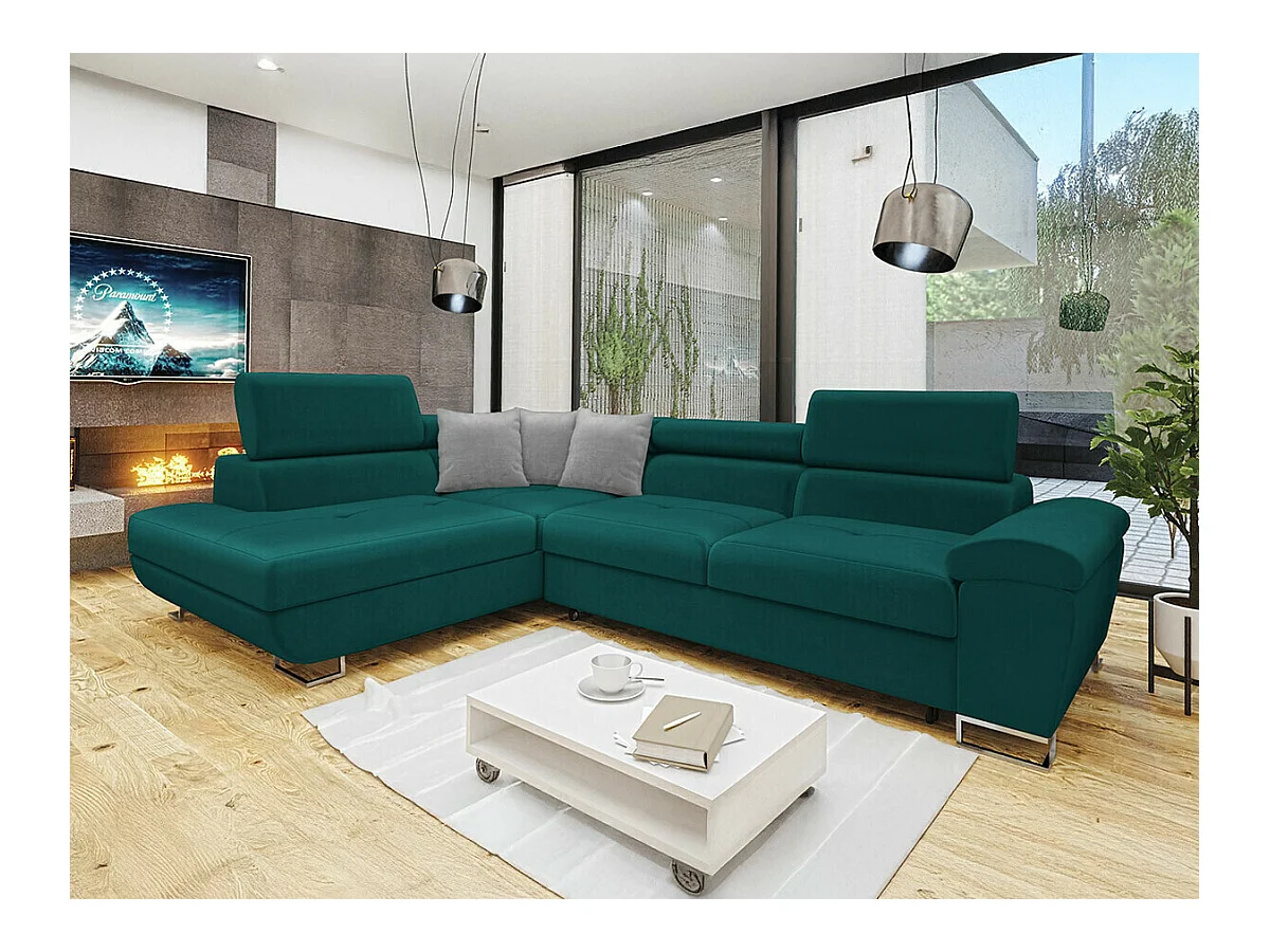 Canapé d'angle Comfivo 166, Turquoise, Fonction de couchage, Boîte de literie, 270x202cm